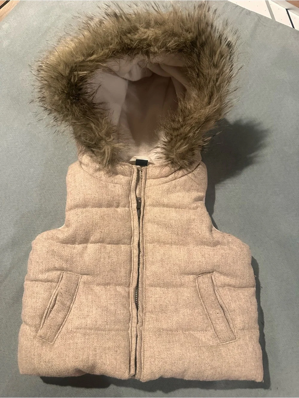 GAP Pink Taupe Hooded Puffer Vest with Faux Fur Trim